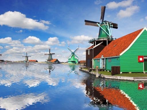 Traditional Dutch windmills with canal