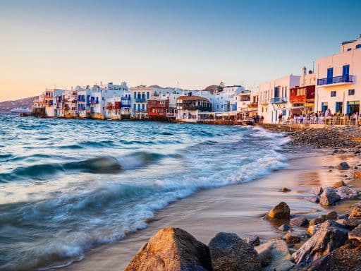 Sunset dining at famous Mykonos neighborhood of Little Venice, Mykonos, Greece